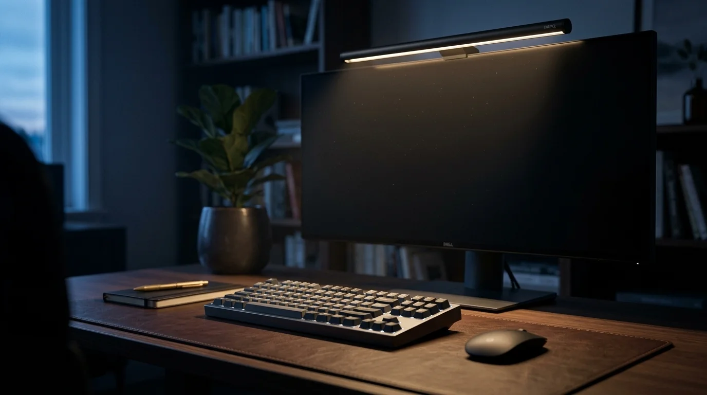 Setup de escritorio con barra de luz para monitor