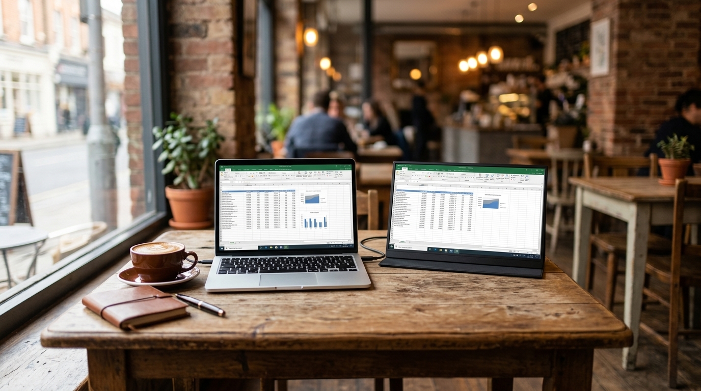 Monitor portátil junto a una laptop en un café