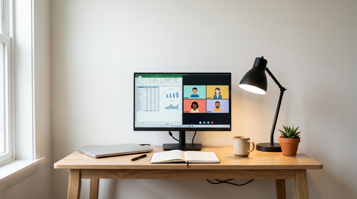 Home office desk with a budget 24-inch monitor