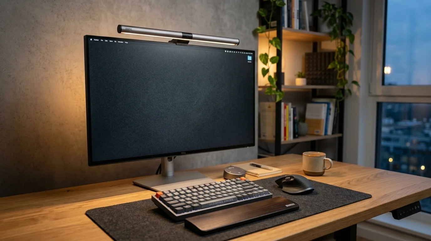 BenQ ScreenBar Halo instalada en un monitor de trabajo