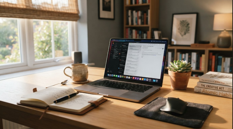 Real workspace with laptop and coffee